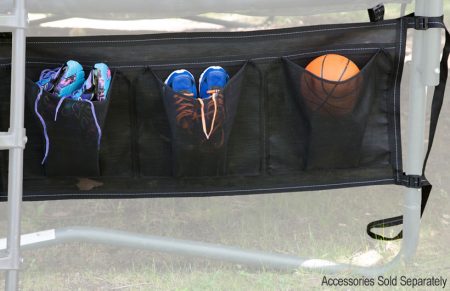 shoes in a trampoline shoe bag attached to the frame