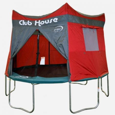 A red trampoline clubhouse on a Propel trampoline against a white background